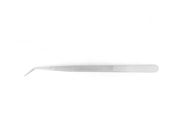 The image shows a metallic tweezer with a narrow, curved tip. The handle has a non-slip texture for better grip. It is silver and elongated.