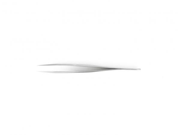 The image shows a slim, elongated tweezer made of shiny material. It is straight and has a pointed shape at both ends, placed on a white background.
