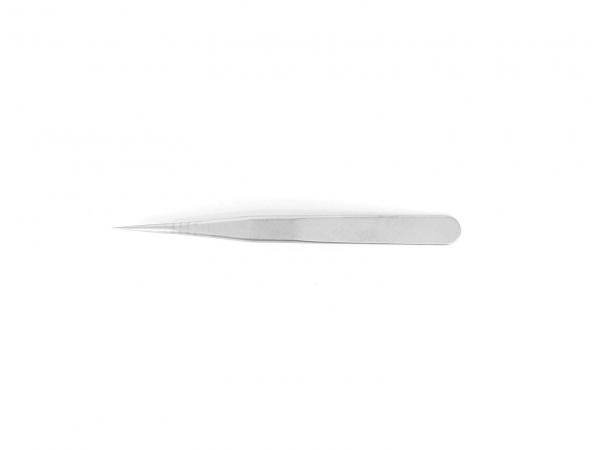 The image shows a long, narrow, metallic tweezer. It has a pointed and smooth shape with slightly rounded edges and is shiny silver.