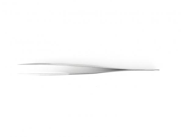 The image shows a long, narrow metal tweezer that tapers in the middle. The surface is shiny and reflects light, against a white background.