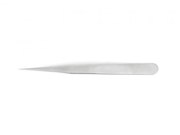 The image shows a long, narrow tweezer with a pointed and a broad side. It is made of metal and has a shiny surface.