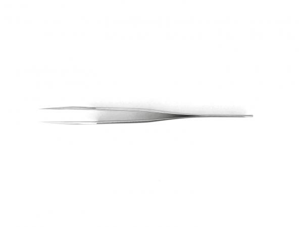 The image shows a narrow, metallic tweezer with pointed ends. It is smooth and shiny, with a straight, elongated body and a simple design.