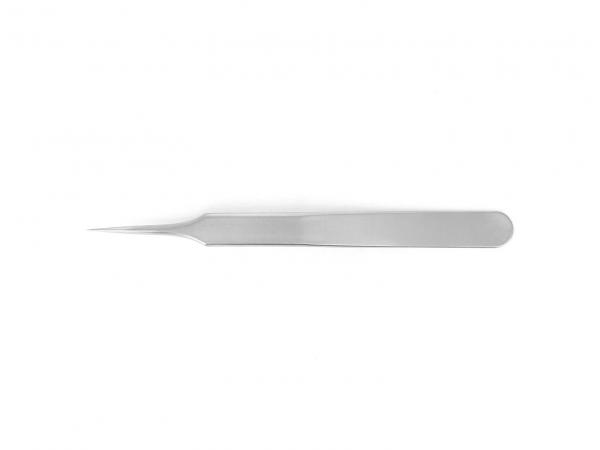 The image displays a slender, silver tweezer. It features a pointed shape, flat sides, and a smooth surface. The background is white and monotonous.