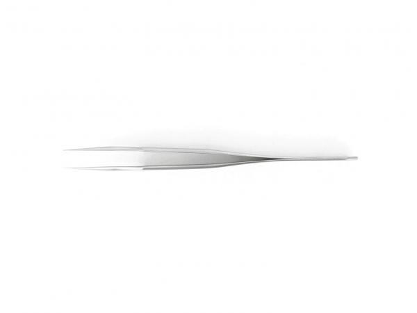 The image shows a narrow, pointed stainless steel tweezer lying flat on a white background. It appears elegant and modern.