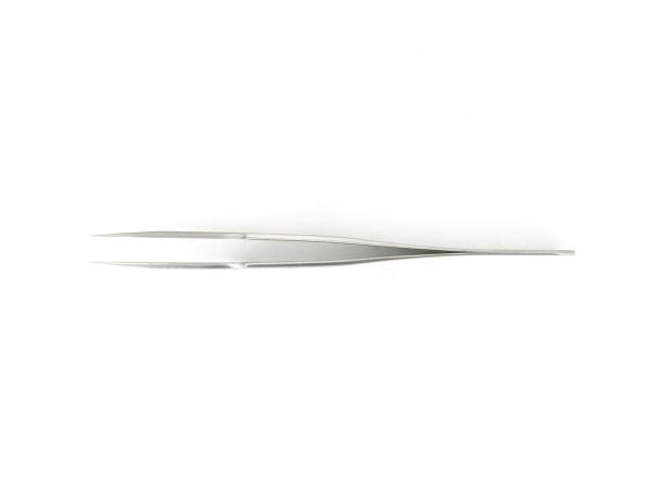 The image shows a slim, silver tweezer. It is elongated, with a slightly narrowed tip and has a smooth, modern look. The background is solid white.
