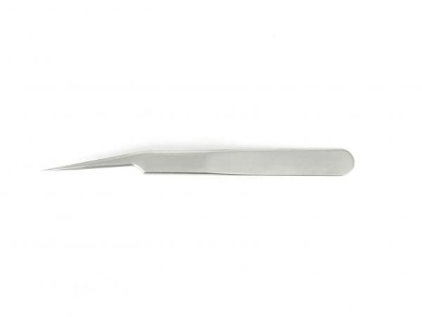 The image depicts a narrower surgical knife, approximately 15 cm long. The blade is pointed and slim, the handle is flat and slightly curved, all in shiny metal.
