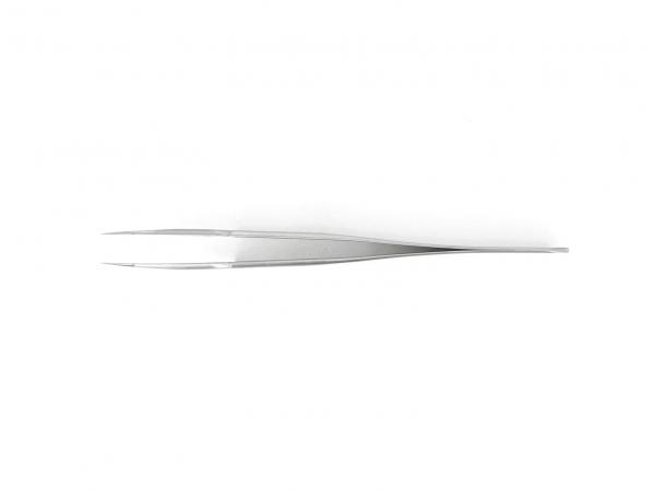 The image shows a narrow, shiny stainless steel tweezer. It has a pointed shape with two long, parallel edges that meet at one end. The background is white.