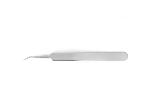 The image displays a slender, metallic tweezer with a slightly curved tip. The handle is flat and without any distinctive patterns, on a white background.