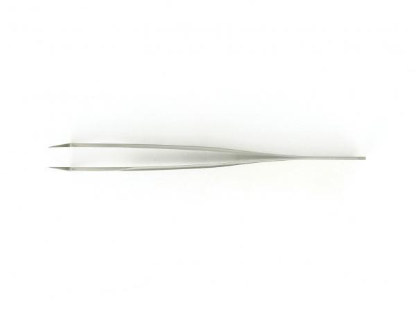 The image shows a straight, narrow metal tweezer. It has two long, pointed ends and is slightly wider in the middle. The background is uniformly light.