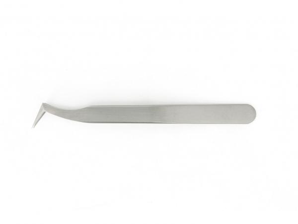 The image shows a curved, metallic tweezer. It has a flat, wide gripping area and a pointed, slightly curved working surface at one end.