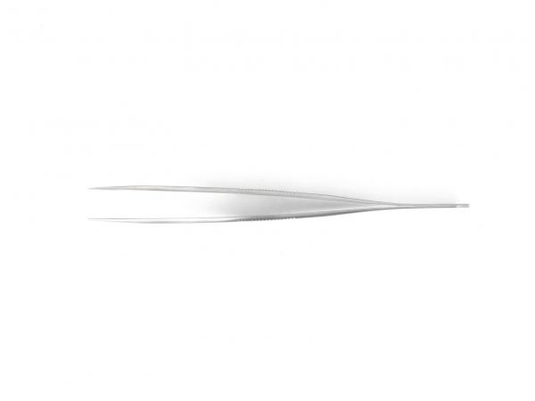 The image shows a thin, long metal tweezer. It has a slim shape with two pointed ends that can be pressed together. The background is plain and white.