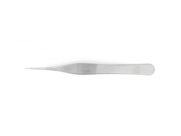 The image shows a narrow, metal tweezer. It is elongated, has a pointed edge, and a ridged surface on the handle for better grip. It lies flat on a white background.