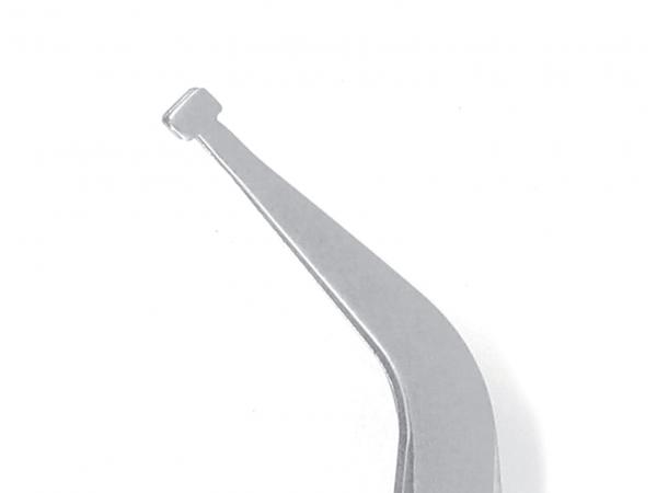 The image displays a silver, curved tool with a flat and narrow edge. It features a slightly rounded tip and is finished in a metallic coating.