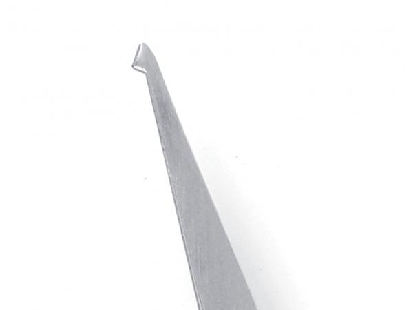 The image displays a sharp, narrow pair of metal pliers that are slightly curved. The surface is shiny and smooth, while the tip is slightly beveled on one side.