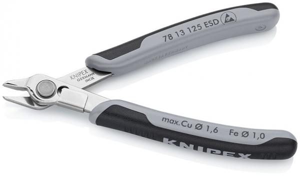 The image shows a small pair of pliers with gray and black, non-slip grips. The tip of the pliers is narrow and slightly curved, perfect for gripping or cutting thin materials.