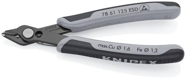 The image shows a small pair of pliers with sturdy, gray and black handles. The pliers have a pointed, sharp cutting surface and are suitable for precise cutting.