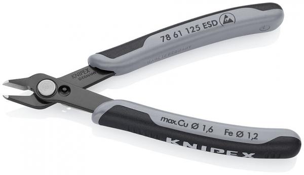 The image shows a pair of pliers with short, sharp blades and an ergonomic handle. The handle has a gray rubber surface for better grip. On one of the handles, the brand name "KNIPEX" is displayed.