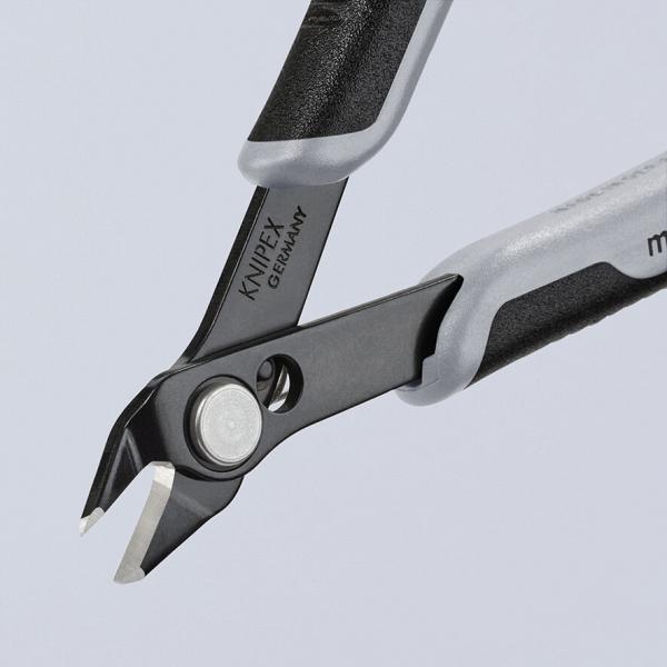 The image shows a pair of pliers with black and gray handles. The blades are narrow and pointed, suitable for cutting wire. The transition between the materials is clearly visible.