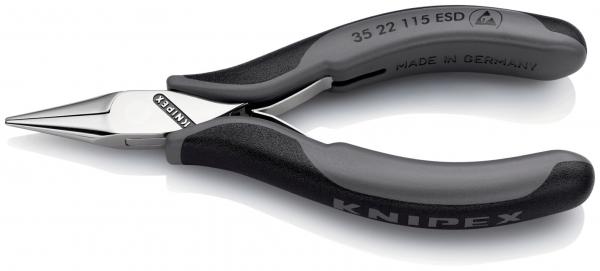 Das Bild zeigt eine lange, spitze Zange mit silbernem Metallkopf und schwarz-grauen, ergonomischen Griffen. Die Zange hat eine präzise, schmale Öffnung.