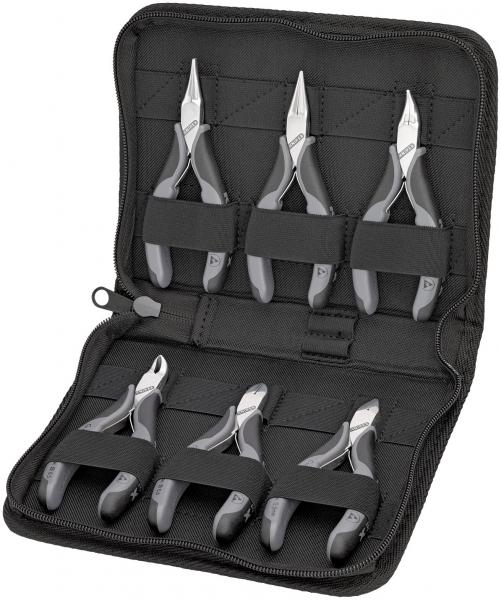 The image shows a black tool bag that is open. Inside, there are several pliers with gray handles, neatly secured in pockets. The pliers vary in length and shape.