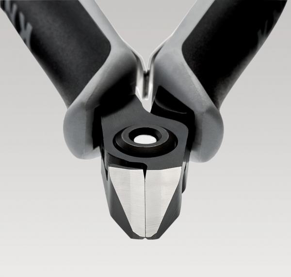 The image shows the head of a pair of pliers with two sharp, metallic blades. The handles are rubberized and ergonomically shaped to provide a good grip. The background is plain and gray.