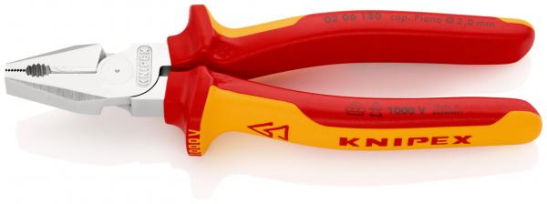 The image shows a pair of pliers with red and yellow handles. The gripping parts are made of shiny metal and have a special shape for holding and cutting materials.