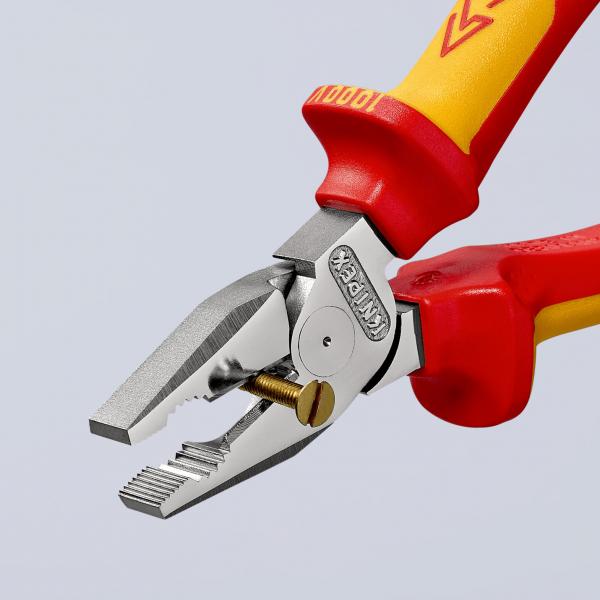 The image shows a pair of pliers with red and yellow plastic handles. The jaws are flat and have a serrated surface suitable for gripping and holding tasks.