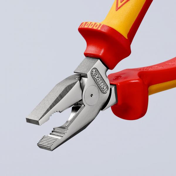 The image shows a pair of pliers with red and yellow handles. The pliers have a pointed front and a gripping surface with ridges for better grip. They are made of metal.