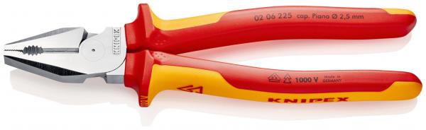 The image shows a gray pliers with a flat, sharp head and red, rubberized handles. The handle also has yellow accents. The pliers are well suited for cutting and gripping.