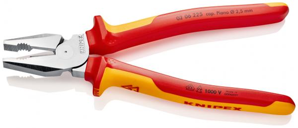 The image shows a pair of pliers with red-yellow grip areas. The pliers have a metallic, shiny jaw with one flat and one serrated side. They are suitable for use in electrical work.