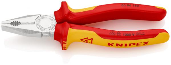 The image shows a pair of pliers with red and yellow handles. The pliers have a metal tip and are often used in craftwork. The handle reads "KNIPEX" and a voltage of 1000 V.