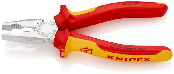 The image shows a combination pliers with red and yellow handles. The pliers have a shiny metal tip with a serrated area for gripping objects.