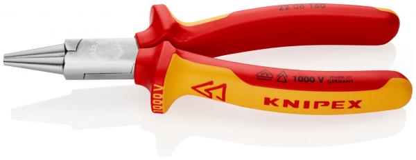 The image shows a pair of pliers with pointed, narrow jaws and a plastic handle. The handles are red with yellow accents. On the handles it says "KNIPEX" and "1000 V" for insulation.