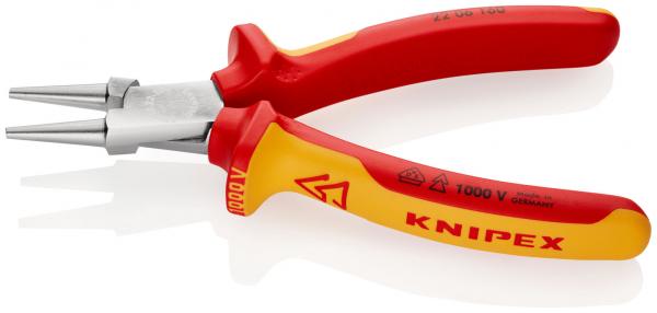 The image shows a pair of pliers with two long, pointed jaws and red handles. The handles are ergonomically shaped and made of non-slip material. They feature the brand "KNIPEX" and a voltage rating.