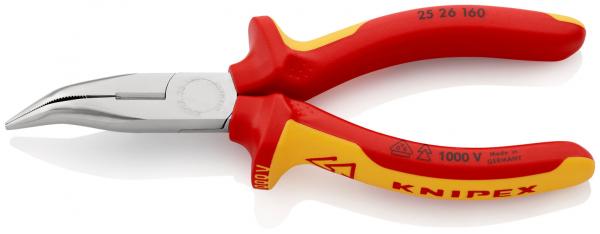 Das Bild zeigt eine rote Zange mit einer geschwungenen, silbernen Schneide. Der Griff ist ergonomisch geformt und hat gelbe Akzente. Die Zange hat eine präzise Spitze.