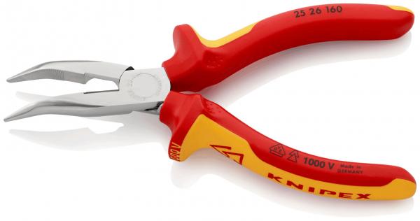 Das Bild zeigt eine rote Zange mit gelben Gummigriffen. Der Kopf ist silberfarben und hat scharfe Kanten. Auf den Griffen stehen technische Informationen und das Logo "KNIPEX".