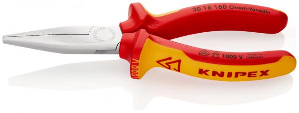The image shows a red and yellow pliers with a long, pointed, and flat working surface. It has ergonomic handles and is placed on a reflective surface.