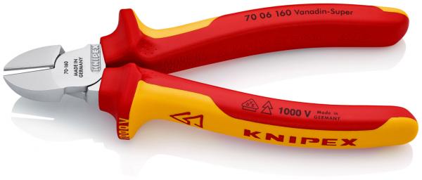 Das Bild zeigt eine Zange mit roten und gelben Griffen. Die Zange hat eine scharfe, leichte Schneide und ist für präzises Schneiden ausgelegt. Auf dem Griff steht "KNIPEX".