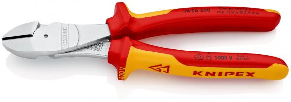 The image displays a stainless steel pliers with red and yellow plastic handles. The pliers feature a sharp, flat cutting edge at the front, ideal for cutting wires.
