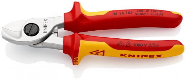 Das Bild zeigt eine Kabelschneiderzange. Sie hat metallene Schneideklingen und ergonomische Griffe in Rot und Gelb. Die Zange ist für Arbeiten mit elektrischen Leitungen ausgelegt.