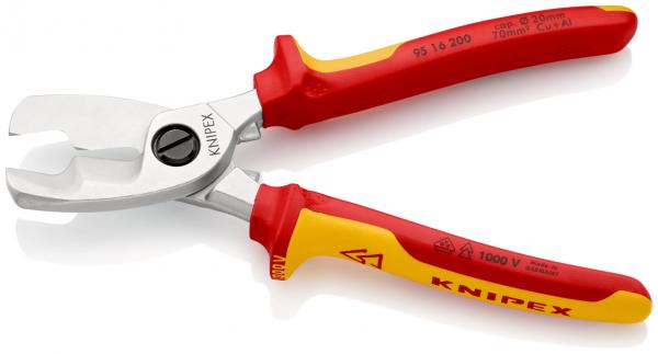 The image shows a combination pliers with red-yellow handles. The pliers have a wide, flat cutting edge and a special serration. It is suitable for working with electricity.
