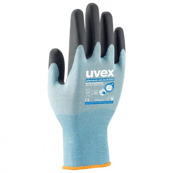 The image shows a work glove. The palm is black, the back of the hand is light blue. It has an orange cuff and a logo with the brand "uvex".