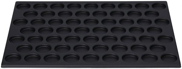 Das Bild zeigt ein schwarzes Backblech mit 48 runden Vertiefungen. Es hat eine flache, rechteckige Form und ist aus einem glatten Material. Ideal zum Backen von Muffins oder ähnlichem.