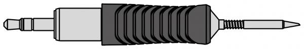 The image shows an elongated, metallic object with two different ends: a wide, flat end and a pointed, slotted end, with a ridged, black grip area in the middle.