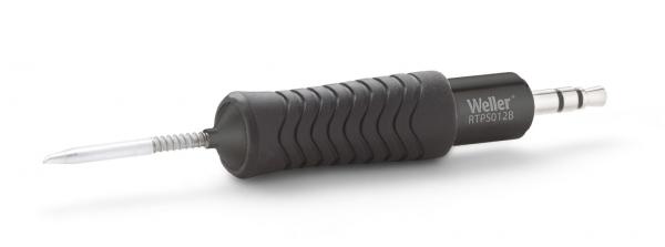 The image shows a tool with a black, ribbed handle and a long, pointed, metallic tip. At the end, there is a thin plug. It is a soldering iron.