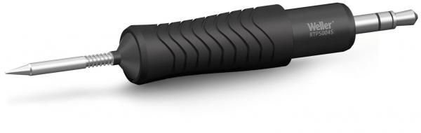 The image displays a tool featuring a round, black handle with grooves for improved grip. At the end, there is a pointed, metallic tip. It is likely a soldering iron or a similar device.