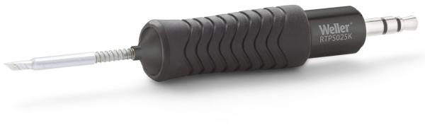 The image shows a screwdriver with a black, ribbed handle and a long, thin blade. The blade is sharpened in the middle and has a pointed tip.