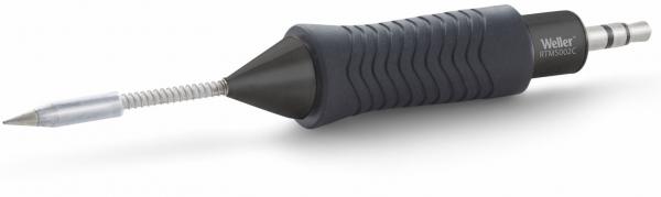 The image shows a soldering iron with an ergonomic, rubberized grip. The tip is metallic and tapered, ideal for soldering. The iron has a narrow, flexible cord.