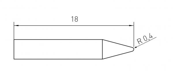 The image displays a technical drawing of a thin, conical object measuring 18 mm in length. One tip is rounded, indicated by a radius of 0.4 mm.