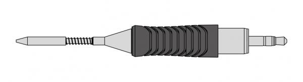 The image shows a tool with a long, slender body and a ridged surface for better grip. At one end there is a sharp tip, at the other a square end.